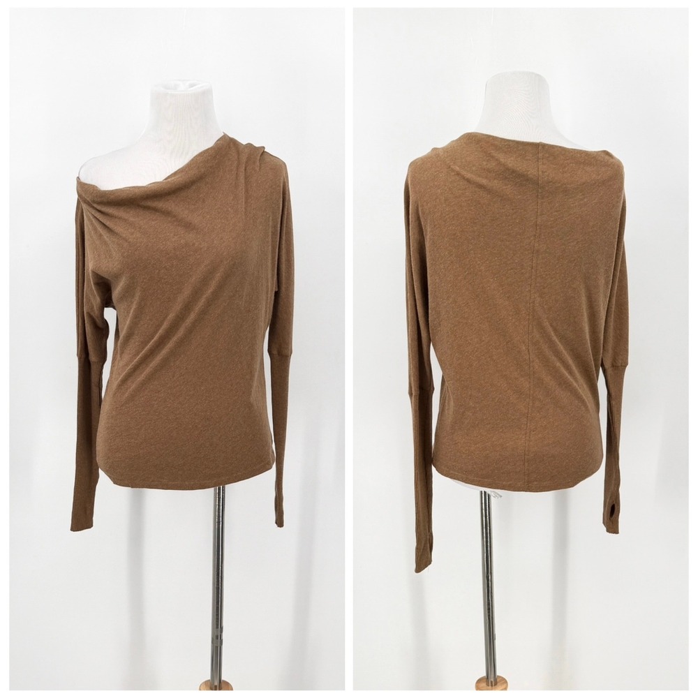 ENZA COSTA Cashmere Cuffed Off the Shoulder Top Women Medium Brown Long Sleeve